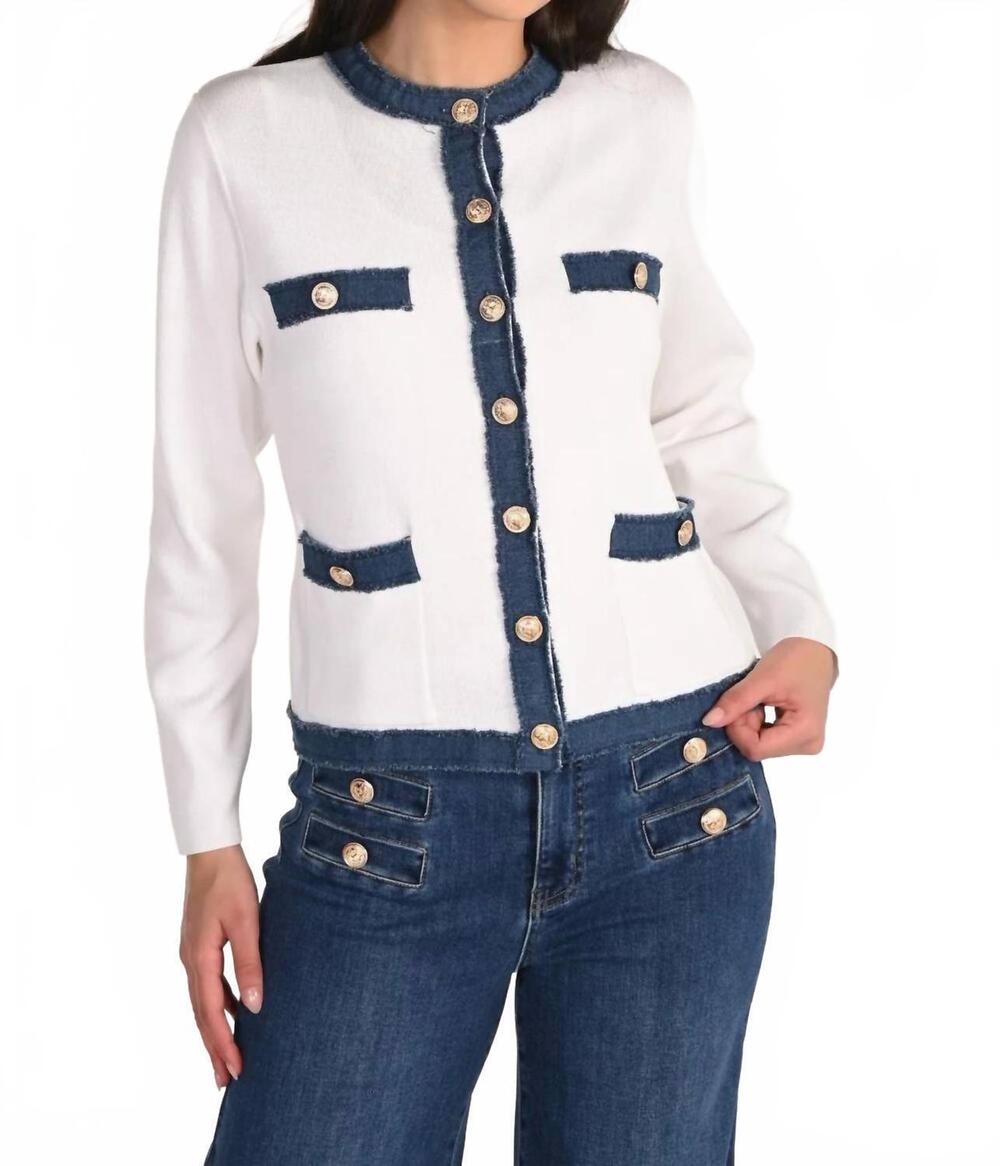 NEW FRANK LYMAN long-sleeve crew neck cardigan in off white/blue